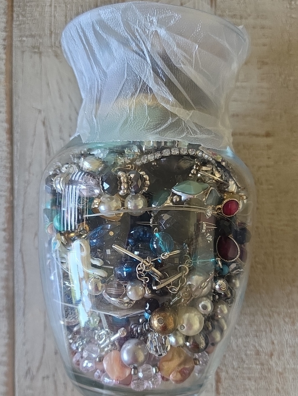 Assorted Fashion Jewelry Lot in Clear Glass Jar - Blue, Silver, Pearl Tones